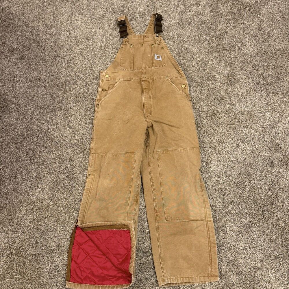 Carhartt Bib Overalls Mens 38x30 Brown Duck Canvas Red Quilt Lined Insulated TAG